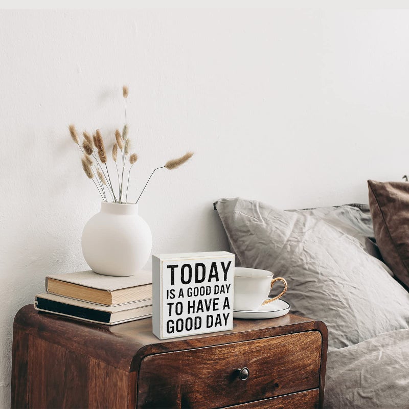 جيتك ديكور إيجابي ديكور هدايا ملهمة اليوم هو يوم جيد للحصول على علامة خشبية يوم جيد تحفيزي مكتب ديكور مكتب مزرعة التأكيد هدية للنساء الجرف مكتب الجدول (أبيض) - Image 4