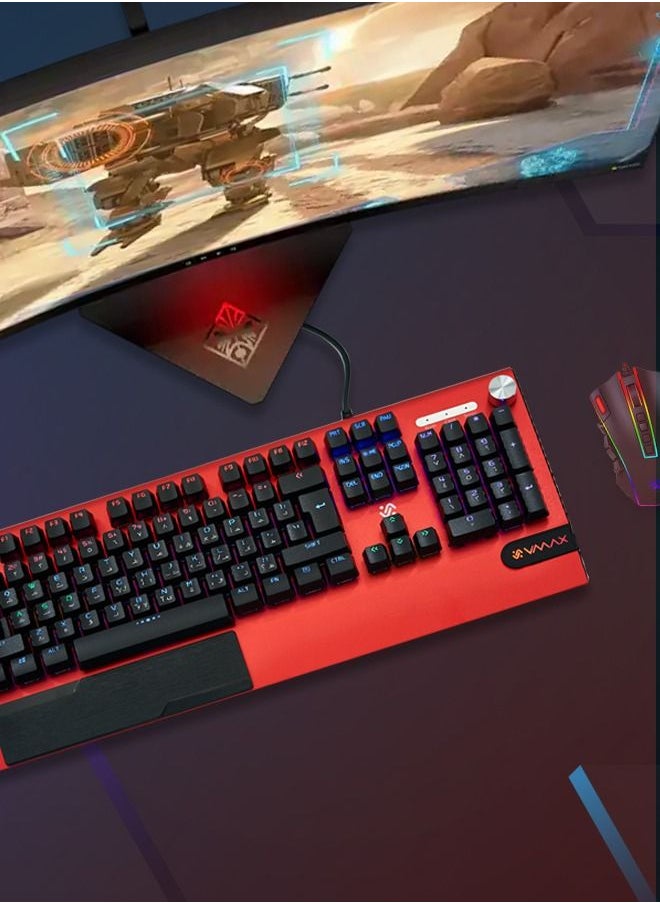 Vmax - VMAX Professional RGB Mechanical Gaming Keyboard with ENG & ARB Keypad Blue Axis Multifunction Knob RGB LED Backlit Wired Gaming Mechanical Keyboard RGB Office Keyboard for Mac Windows Red - Image 1