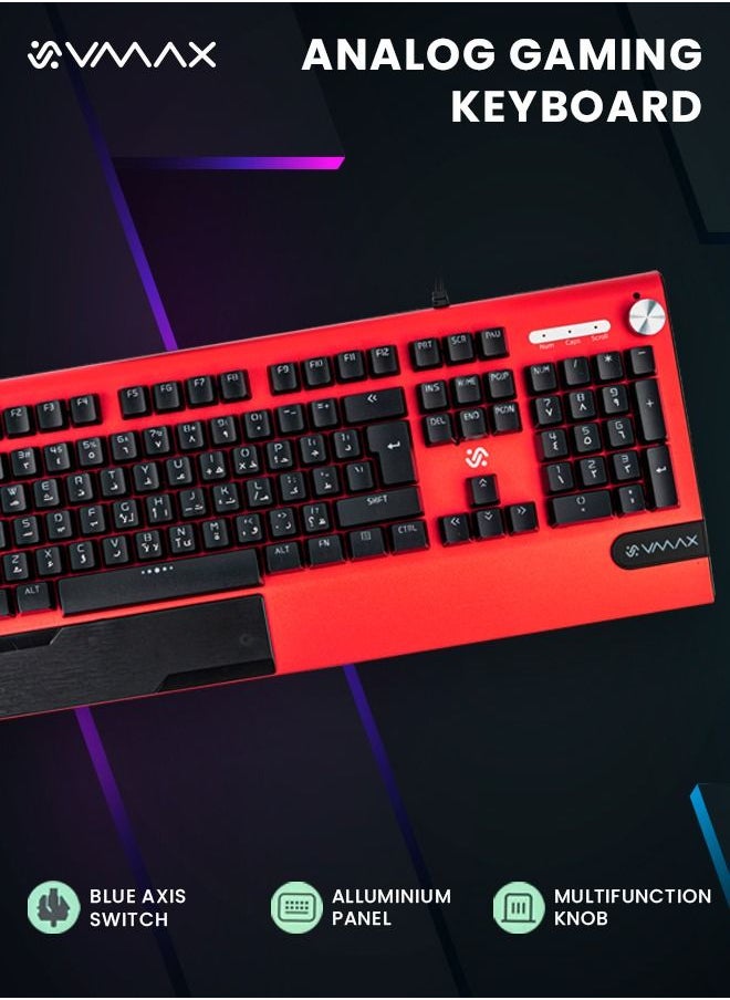 Vmax - VMAX Professional RGB Mechanical Gaming Keyboard with ENG & ARB Keypad Blue Axis Multifunction Knob RGB LED Backlit Wired Gaming Mechanical Keyboard RGB Office Keyboard for Mac Windows Red - Image 1