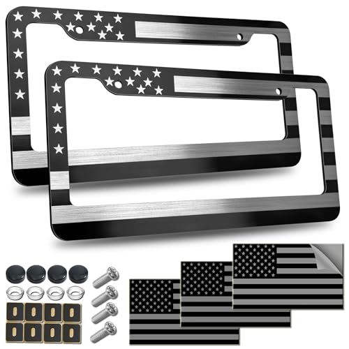 FBJTDQ American Flag License Plate Frame Black Patriotic USA Car Tag Frame Holder 2 Pack in AlumPlastic Hybrid with Brushed Finish Screws Caps Decals - Image 1