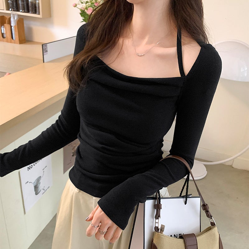 2024 New Chic Halter Neck Fleece Crop Top for Women Black - Image 1