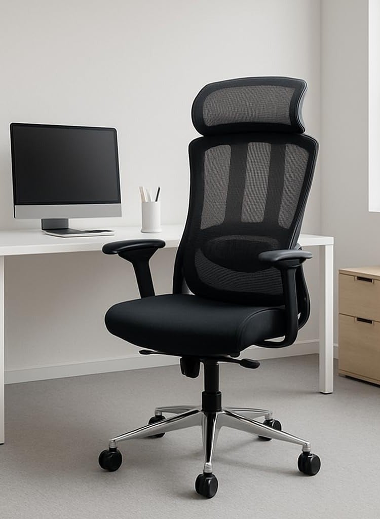 KARNAK Ergonomic Mesh Office Chair with Adjustable Headrest & Lumbar Support – High-Back Executive Desk Chair with Armrests, Breathable Mesh Back, Swivel Base & Wheels – Black (Model 4030) - Image 1