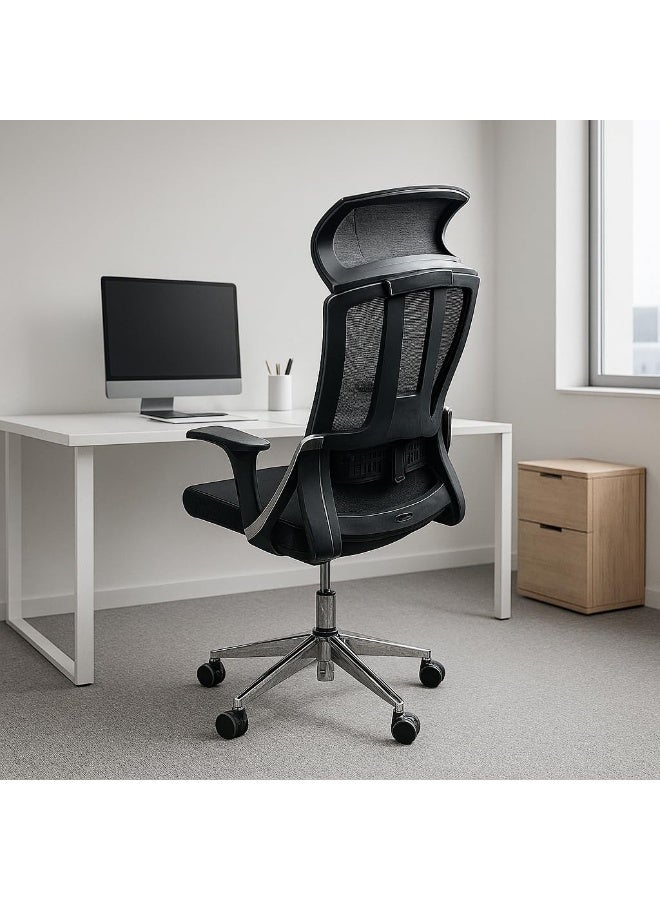 KARNAK Ergonomic Mesh Office Chair with Adjustable Headrest & Lumbar Support – High-Back Executive Desk Chair with Armrests, Breathable Mesh Back, Swivel Base & Wheels – Black (Model 4030) - Image 3