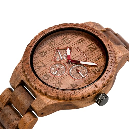 BEWELL Mens Wood Watch Quartz Analog Date Display Luminous Retro Handmade Wooden Wristwatch for Men Walnut - Image 3