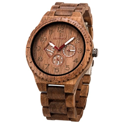 BEWELL Mens Wood Watch Quartz Analog Date Display Luminous Retro Handmade Wooden Wristwatch for Men Walnut - Image 1