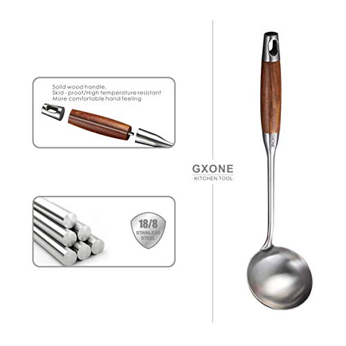 GXONE Soup Ladle,304 Stainless Steel Cooking Ladle Spoon Wok Tools with Long Wooden Handle Heat Resistant,Silver/14.6Inch - Image 3