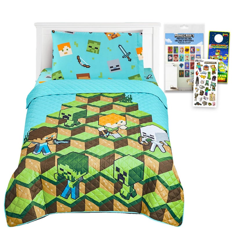 Minecraft Twin Bedding Set for Kids  Bundle with Bedspread Flat Sheet Fitted Sheet and Pillowcase for Twin Bed Plus Posters Stickers More  Minecraft Bedroom Decor