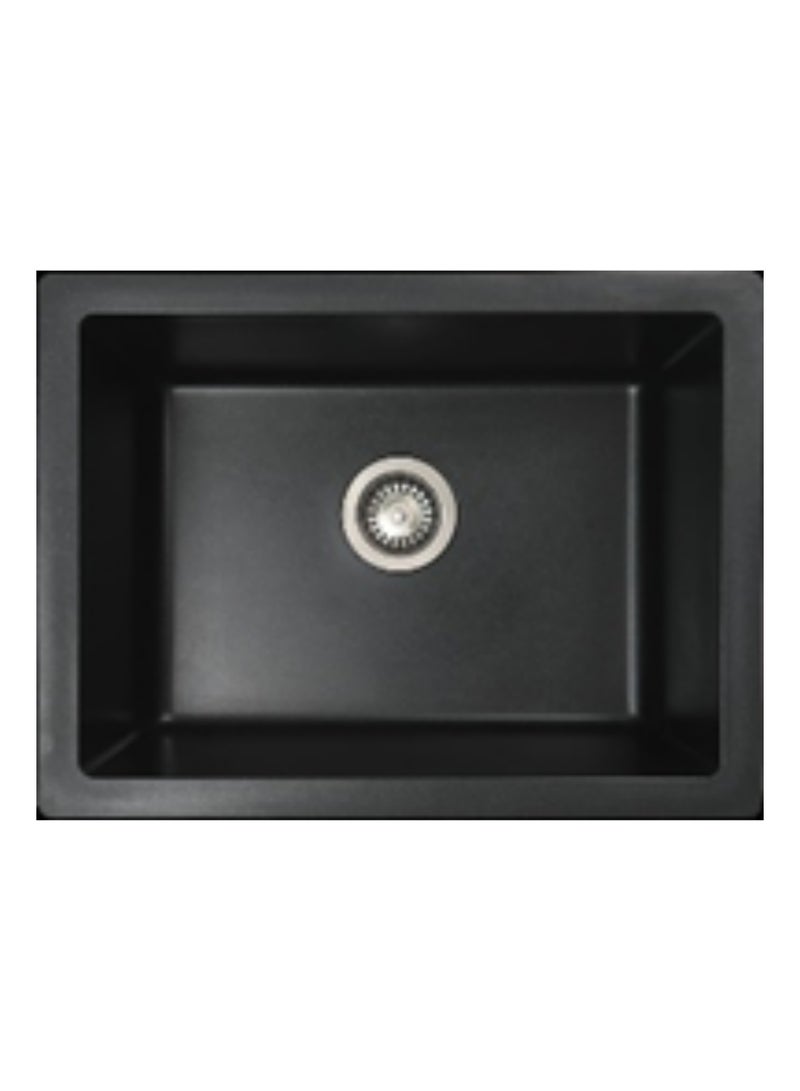 Granite Undermount Kitchen Sink - SZS0802021, Black Color, 80% Quartz 20% Acrylic Resin, Single Bowl, Basket Waste & Pipe Included, 540 × 450 × 220 mm