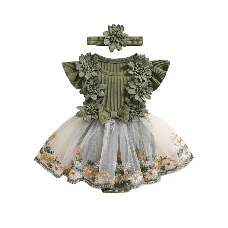 Douhoow Baby Girl Dress Romper Baby Romper Dress Flowers Embroidery Tulle Skirt Infant Girl Summer Clothes with Headband (Green, 12-18 Months) - Image 1