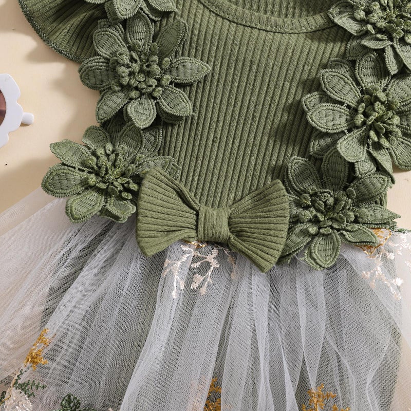 Douhoow Baby Girl Dress Romper Baby Romper Dress Flowers Embroidery Tulle Skirt Infant Girl Summer Clothes with Headband (Green, 12-18 Months) - Image 3
