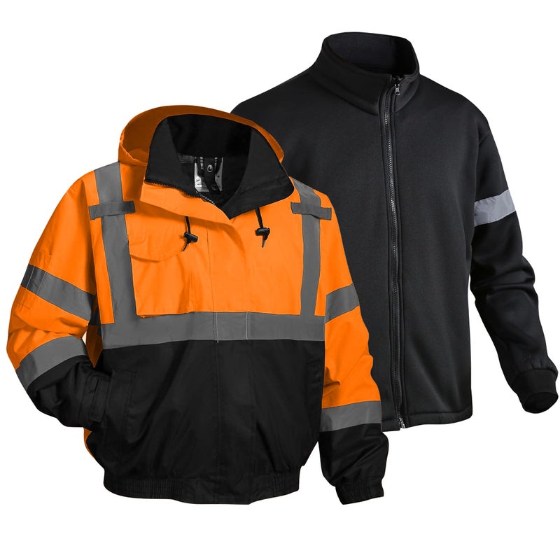 DPSAFETY 3 in 1 Safety jacket,Reflective high Visibility Hooded jacket,Hi Vis Bomber Jacket shell and fleece lining,Waterproof,ANSI Class 3 Black Bottom Orange,XL - Image 1