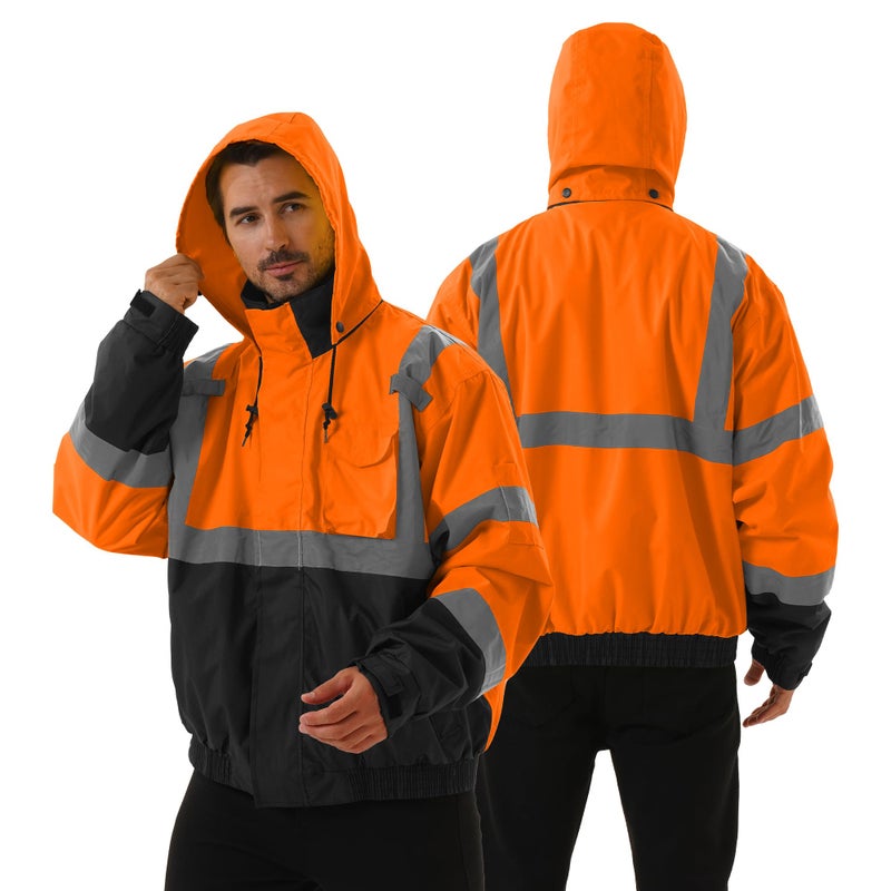 DPSAFETY 3 in 1 Safety jacket,Reflective high Visibility Hooded jacket,Hi Vis Bomber Jacket shell and fleece lining,Waterproof,ANSI Class 3 Black Bottom Orange,XL - Image 2