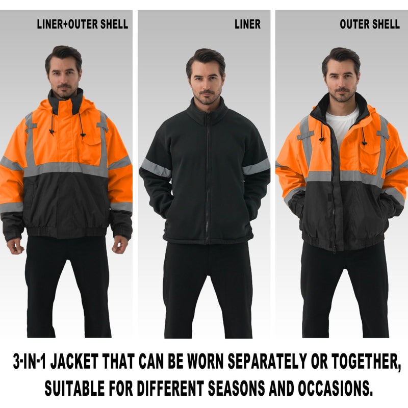 DPSAFETY 3 in 1 Safety jacket,Reflective high Visibility Hooded jacket,Hi Vis Bomber Jacket shell and fleece lining,Waterproof,ANSI Class 3 Black Bottom Orange,XL - Image 5