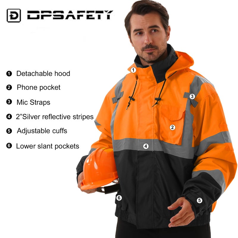 DPSAFETY 3 in 1 Safety jacket,Reflective high Visibility Hooded jacket,Hi Vis Bomber Jacket shell and fleece lining,Waterproof,ANSI Class 3 Black Bottom Orange,XL - Image 4