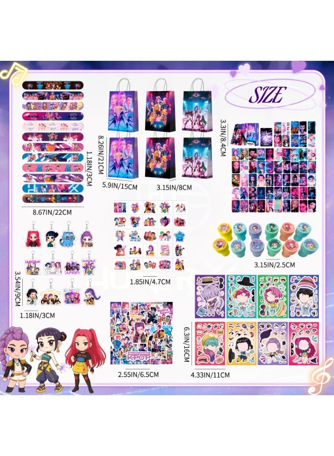 FRUITFUL PARTY 227 Pcs KPop Demon Hunters Party Favor Set for 12 Guests – Idol-Themed Gift Bundle with Slap Bands, Gift Bags, Keychains, Seals, LOMO Cards & Stickers, Temporary Tattoos, DIY Stickers, Perfect HUNTR/X Birthday Return Gifts for Ramadan Eid - Image 2
