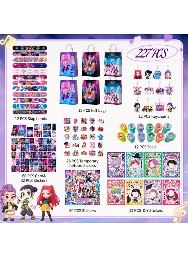 FRUITFUL PARTY 227 Pcs KPop Demon Hunters Party Favor Set for 12 Guests – Idol-Themed Gift Bundle with Slap Bands, Gift Bags, Keychains, Seals, LOMO Cards & Stickers, Temporary Tattoos, DIY Stickers, Perfect HUNTR/X Birthday Return Gifts for Ramadan Eid - Image 3