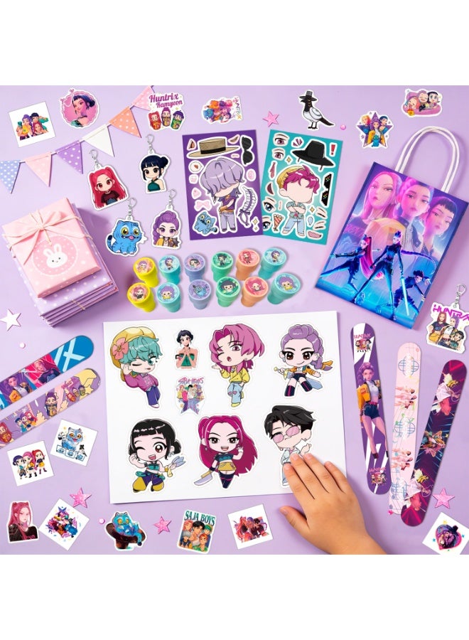 FRUITFUL PARTY 227 Pcs KPop Demon Hunters Party Favor Set for 12 Guests – Idol-Themed Gift Bundle with Slap Bands, Gift Bags, Keychains, Seals, LOMO Cards & Stickers, Temporary Tattoos, DIY Stickers, Perfect HUNTR/X Birthday Return Gifts for Ramadan Eid - Image 4