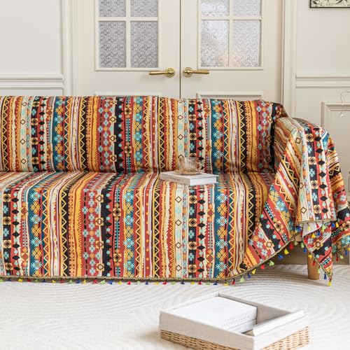 Erbnaryx Boho Couch Cover with Tassels, Washable 3-Seater Sectional Sofa Cover for Living Room(A8, 71"x150") - Image 1