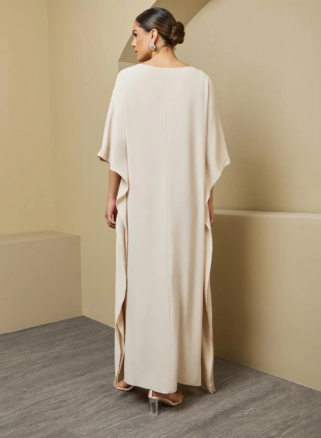ستايلي Textured Front Pleated Detail Flared Kaftan with 3/4 Sleeves