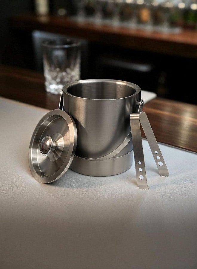 Proniks Premium Stainless Steel Ice Bucket (1.5L) with Tongs, Double Wall Insulated Bar Accessory, Brushed Metal Finish, Lid Included - Image 2