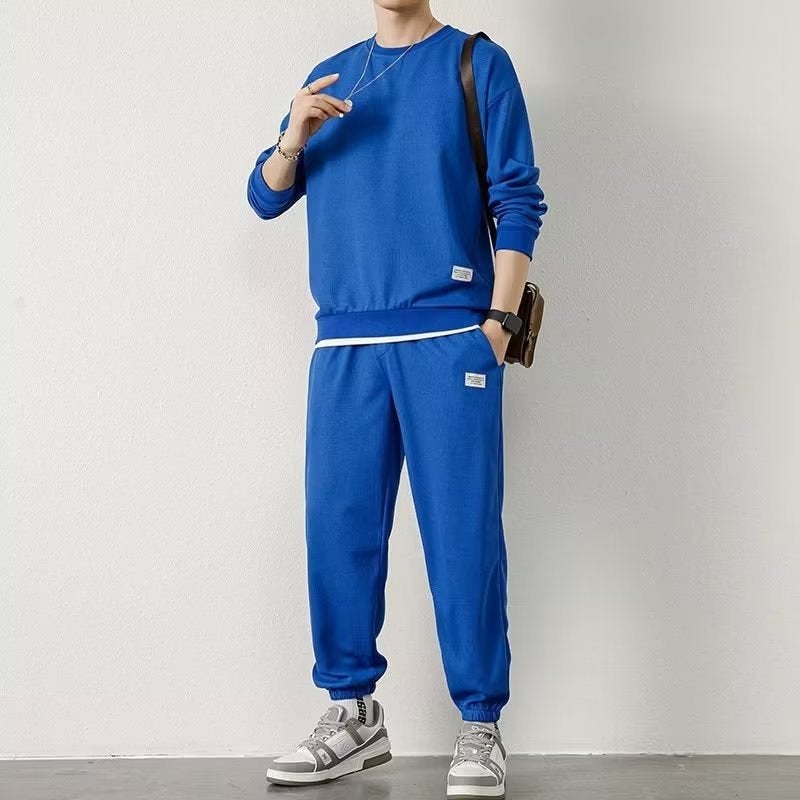 بدلة رياضية للرجال من قماش الوافل الربيعي مجموعة سويت شيرت كاجوال برتقالية - Image 3