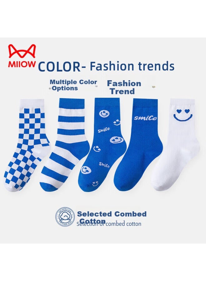 MIIOW 5 Pairs Women's Cotton Socks Mid-calf Socks Summer Long Tube Socks Klein Blue Trendy Socks Women One Size - Image 3