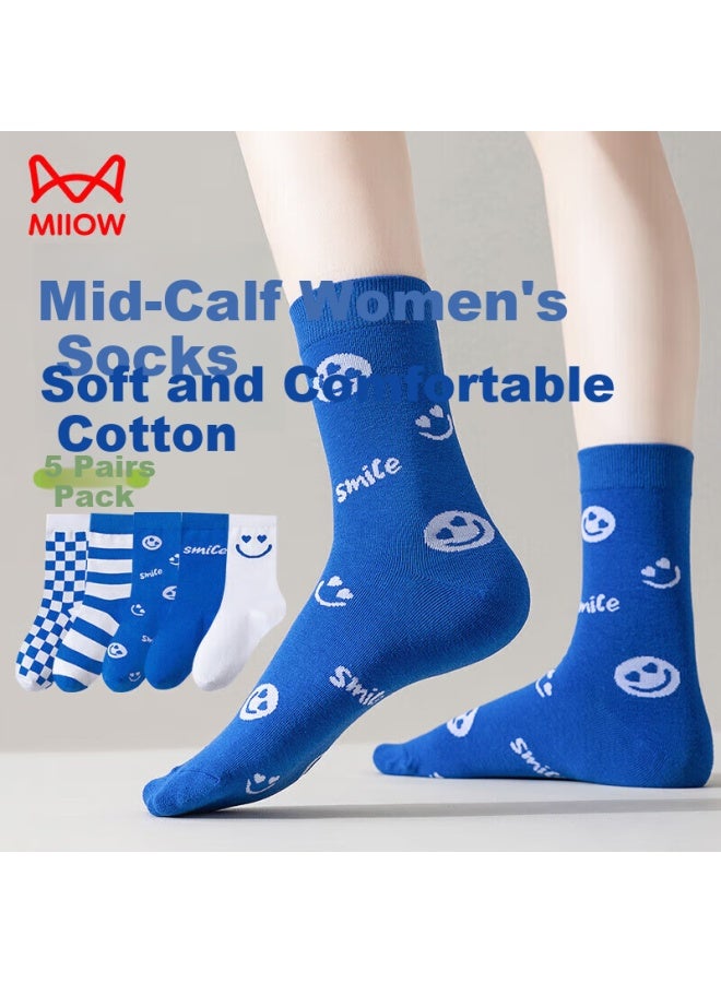 MIIOW 5 Pairs Women's Cotton Socks Mid-calf Socks Summer Long Tube Socks Klein Blue Trendy Socks Women One Size - Image 2