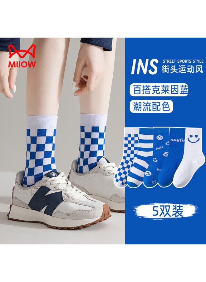 MIIOW 5 Pairs Women's Cotton Socks Mid-calf Socks Summer Long Tube Socks Klein Blue Trendy Socks Women One Size - Image 1