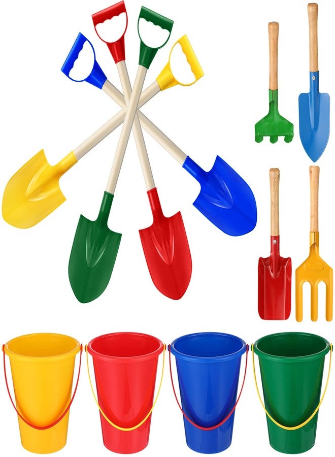 Jexine 12 Pcs Sand Buckets and Shovels for Kids Beach Sand Toys Bulk 12 Plastic Beach Buckets and 12 22 Inches Gardening Shovel with Wooden Handle Summer Toys for Boys and Girls, 4 Colors - Image 1