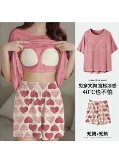 Summer Cool Sleepwear Set for Women with Built-in Bra Pad[with chest pad] rust red [with chest pad] rust red