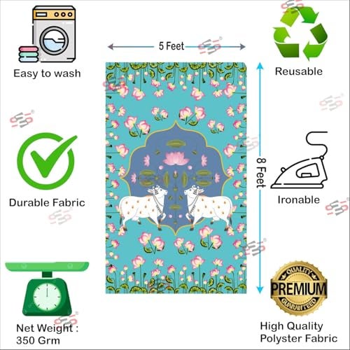 S2S Stylish Traditional 2 Dhenu with Flowers Backdrop Cloth | for Pooja Decoration Traditional Background Curtain Cloth | 8 Feet Height & 5 Feet Width - Image 3