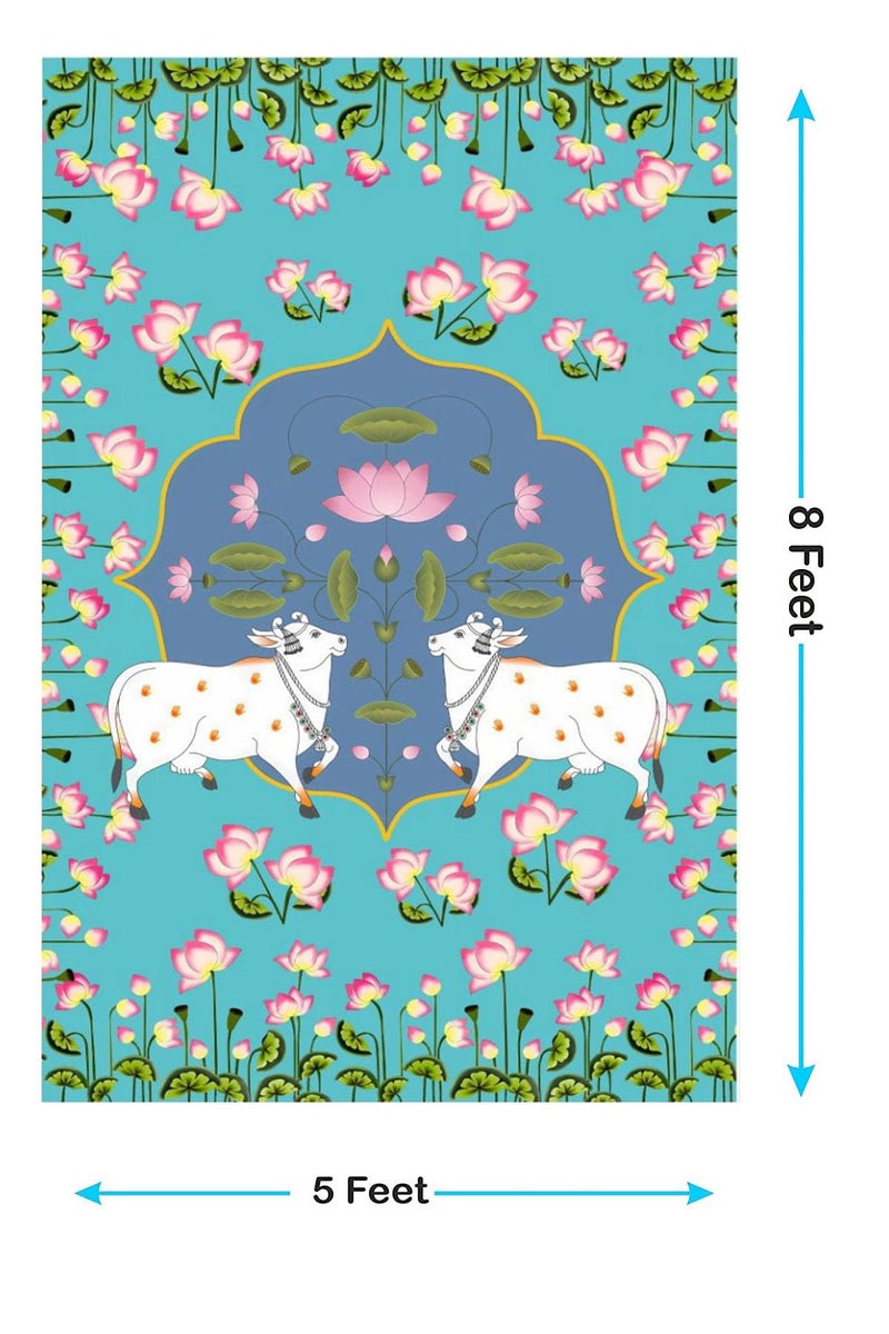 S2S Stylish Traditional 2 Dhenu with Flowers Backdrop Cloth | for Pooja Decoration Traditional Background Curtain Cloth | 8 Feet Height & 5 Feet Width - Image 2