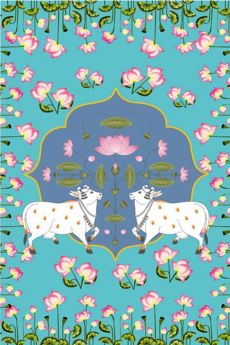 S2S Stylish Traditional 2 Dhenu with Flowers Backdrop Cloth | for Pooja Decoration Traditional Background Curtain Cloth | 8 Feet Height & 5 Feet Width - Image 5