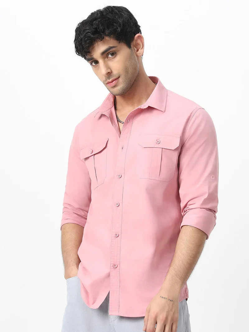 Urbano Fashion Men's Pink Cotton Full Sleeve Regular Fit Casual Solid Shirt
