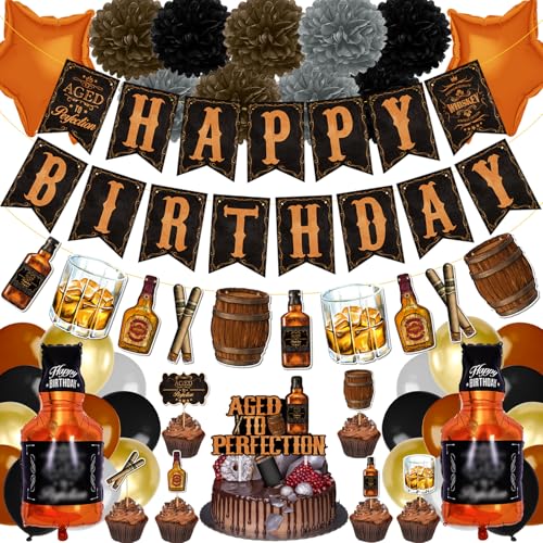 BORAMDO Whiskey Birthday Party Decorations for Men Aged to Perfection Supplies including Birthday Banner Cake Toppers Foil Balloons Tissue Paper Flowers brown - Image 1