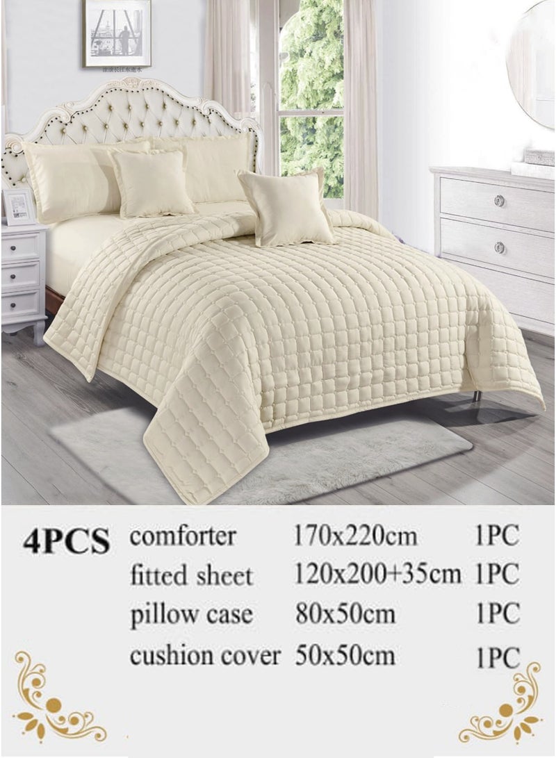 Moon Plain Quilted Compressed Bedspread Set with Elegant Square Design – 4 Pieces – Comforter 170×220 cm – Deep Fitted Sheet 120×200+35 cm with Pillowcase & Decorative Cushion Cover - Image 2