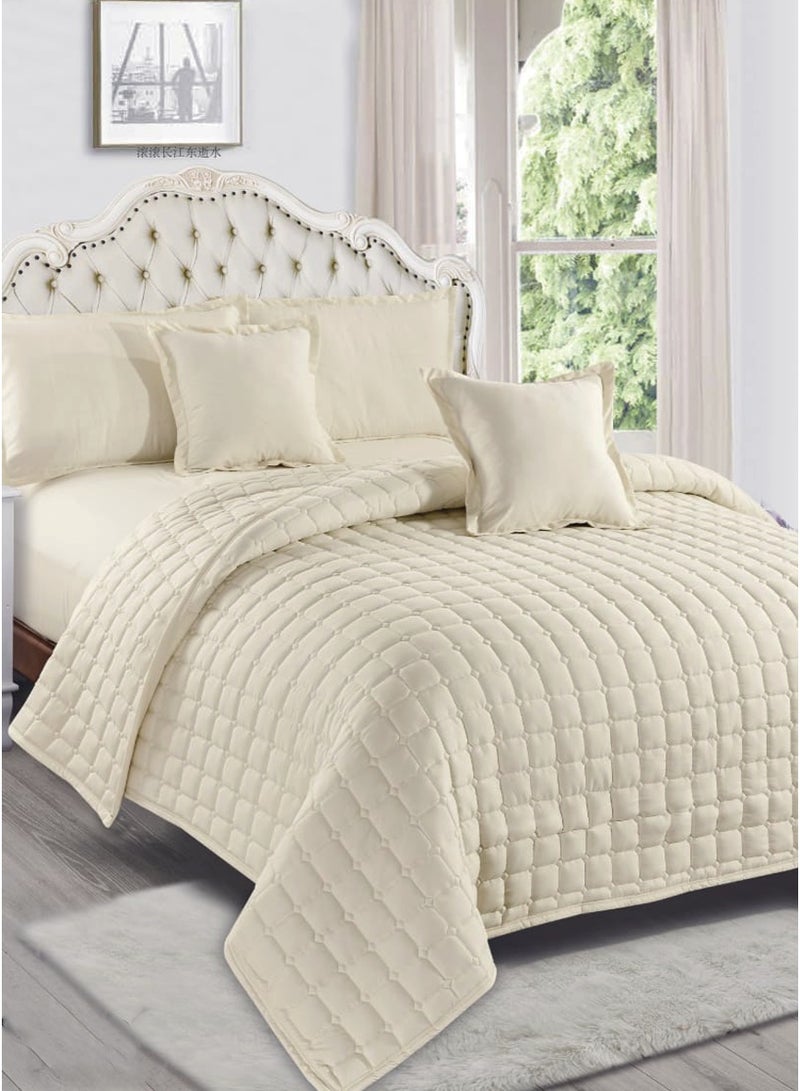 Moon Plain Quilted Compressed Bedspread Set with Elegant Square Design – 4 Pieces – Comforter 170×220 cm – Deep Fitted Sheet 120×200+35 cm with Pillowcase & Decorative Cushion Cover - Image 1