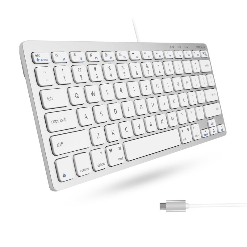 Macally Small USB C Keyboard - Plug & Play Compatible Wired Apple Keyboard for Mac mini, MacBook Pro/Air, iMac, iPad, Windows, Chromebook with USBC Port - Compact & Mini USB Type C - Silver - Image 1