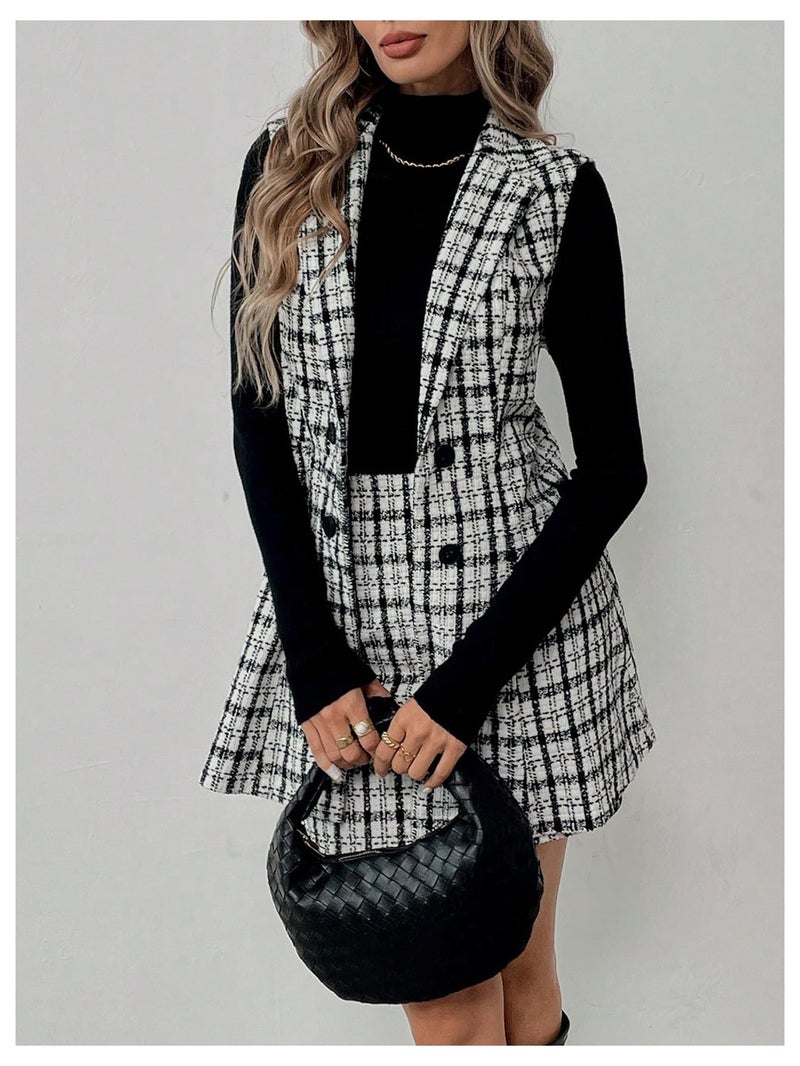 Floerns Women's 2 Piece Outfit Workwear Plaid Print Lapel Neck Vest Blazer and Skirt Set Dark Black Large - Image 2