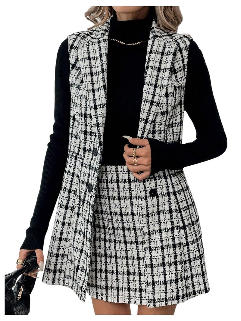 Floerns Women's 2 Piece Outfit Workwear Plaid Print Lapel Neck Vest Blazer and Skirt Set Dark Black Large - Image 1