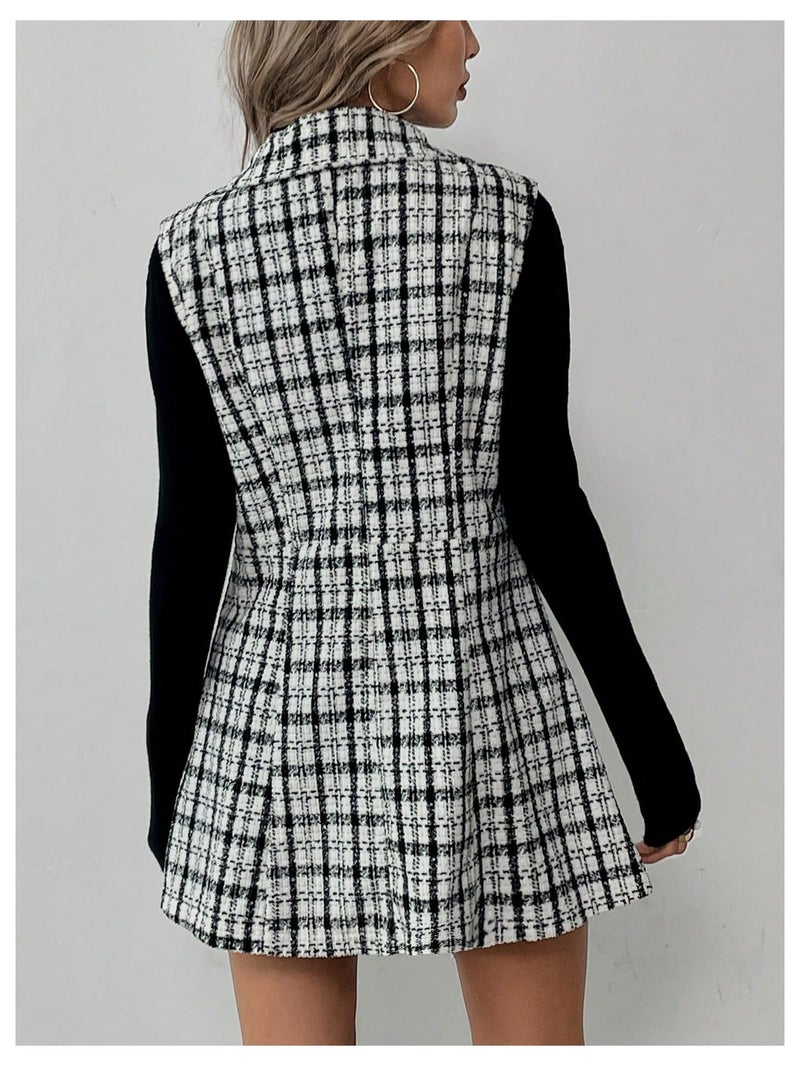Floerns Women's 2 Piece Outfit Workwear Plaid Print Lapel Neck Vest Blazer and Skirt Set Dark Black Large - Image 3