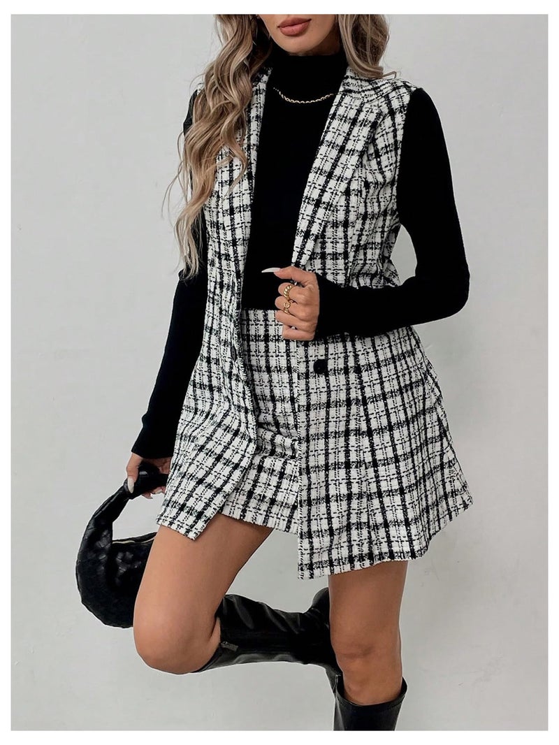 Floerns Women's 2 Piece Outfit Workwear Plaid Print Lapel Neck Vest Blazer and Skirt Set Dark Black Large - Image 5