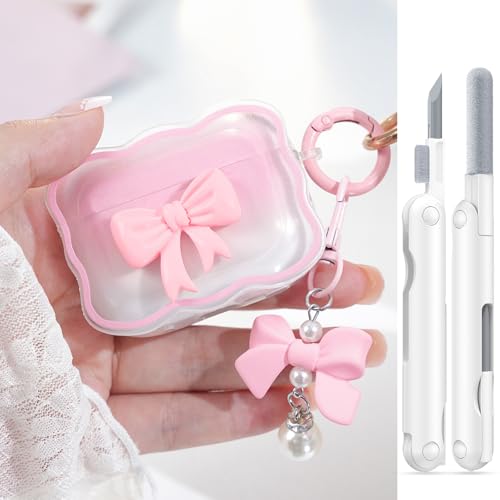 Wowwat for AirPods Pro 2nd/1st Generation Cover,Cute 3D Bow Pattern Design AirPods Pro 2 Case,Clear Soft TPU iPod Pro Case with Butterfly Keychain and Cleaner Kit for Women Girls AirPod Pro Case-Pink - Image 1