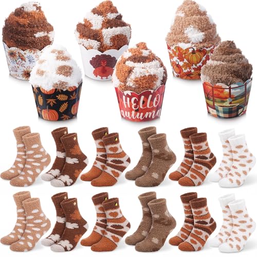 Suhine 12 Pairs Green Fuzzy Socks for Women Cozy Bulk Sock in Cupcake Gift St Patricks Day Sock Stocking StuffersFallOrange - Image 1