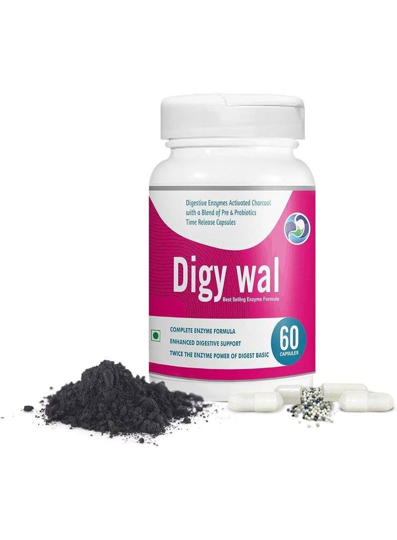 Digy Wal Digestive Capsules 60’s – Activated Charcoal, Probiotics & Prebiotics for Gut Health, Gas & Bloating Relief, Digestion & Immunity Support