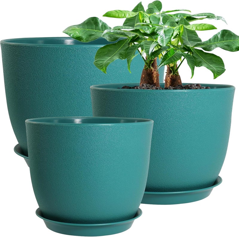 UOUZ 12/10/9 Large Modern Plant Pots, Plastic Planters with Drainage Holes and Saucers for Indoor Outdoor Plants Flowers, Malachite Green - Image 1