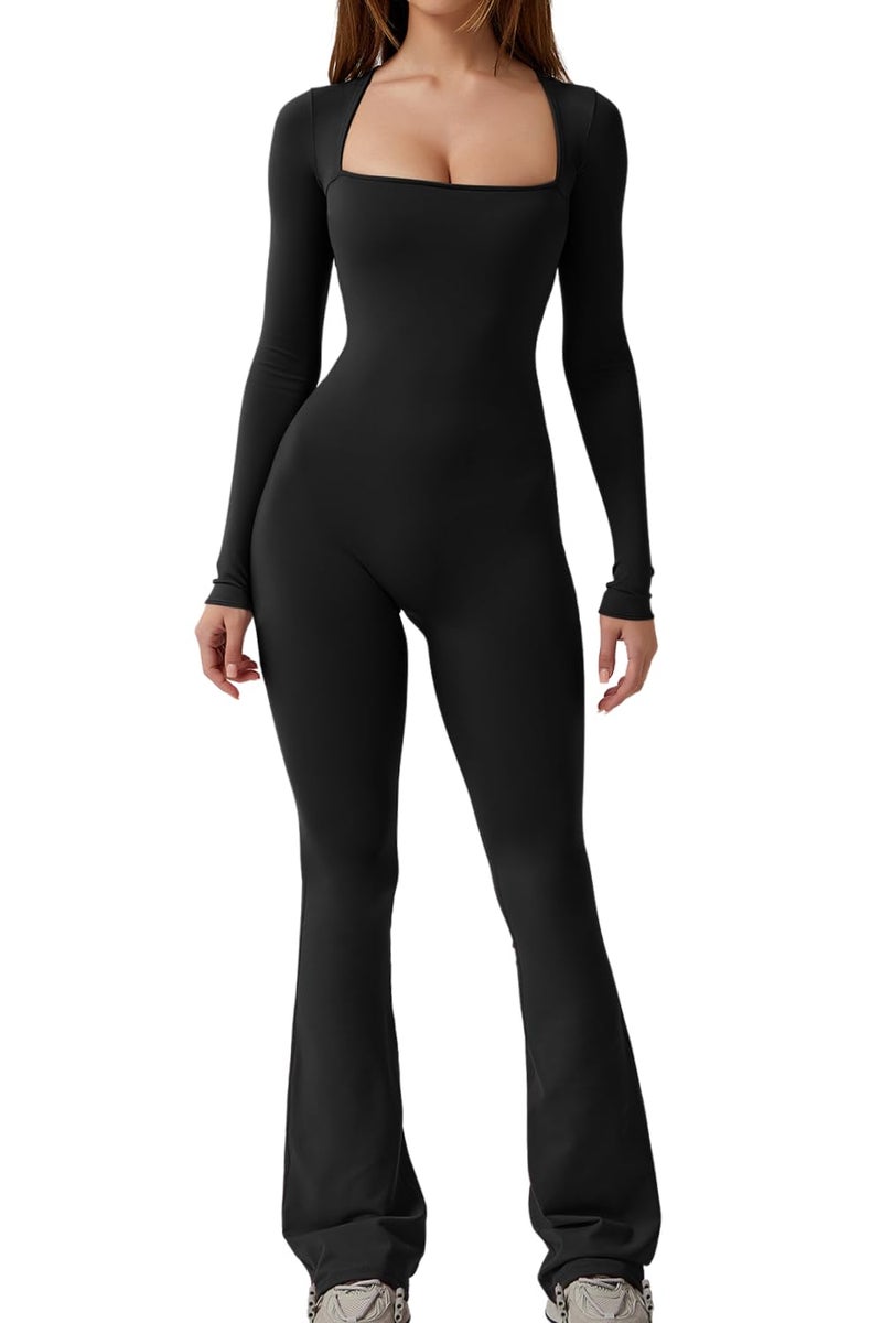 QINSEN Long Sleeve Jumpsuits for Women Square Neck Wide Leg Full Length Romper Playsuit Black L - Image 1