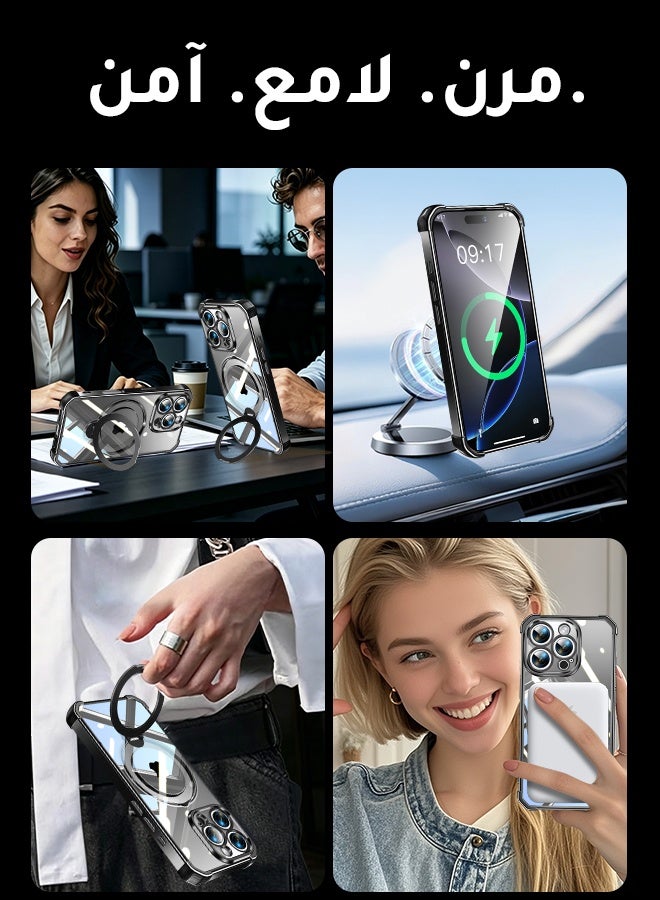 غطاء هاتف شفاف مغناطيسي لـ iPhone 16 Pro مقاس 6.3 بوصة، حامل حلقة دوارة بزاوية 360 درجة، متوافق مع MagSafe بقدرة 15 واط، حماية من السقوط بدرجة عسكرية - Image 2