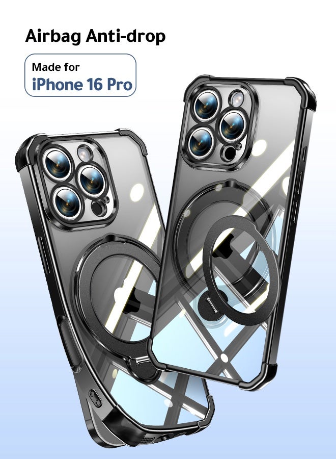 غطاء هاتف شفاف مغناطيسي لـ iPhone 16 Pro مقاس 6.3 بوصة، حامل حلقة دوارة بزاوية 360 درجة، متوافق مع MagSafe بقدرة 15 واط، حماية من السقوط بدرجة عسكرية - Image 1