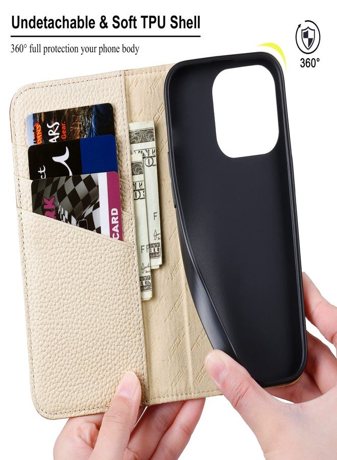 VISOUL Pebbled Leather Wallet Case for iPhone 14 Pro, Genuine Leather Magnetic Flip Folio Case with Card Holder Kickstand Designed for iPhone 14 Pro (6.1")-Red+White - Image 2